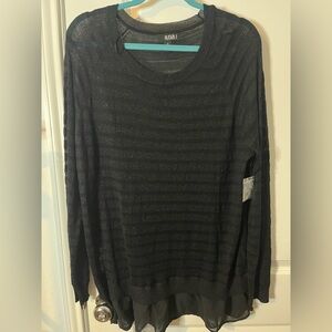 ANA A New Approach NWT Black Sheer Stripes Shimmer Ruffle Trim Knit Sweater Top
